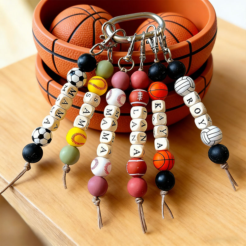 Personalized Sports Keychain Beaded Name Keyring with Baseball Soccer Basketball Custom Gift for Dad Coaches Kids Backpack Decor