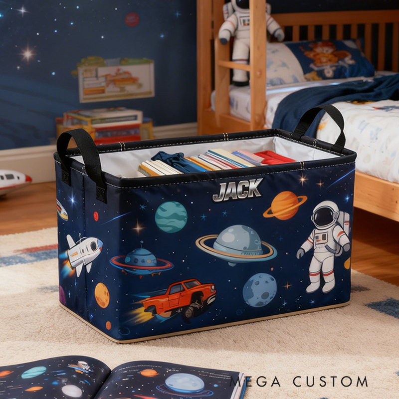 Personalized Custom Name Space-Themed Storage Bin - Kids' Astronaut & Planet Toy Organizer