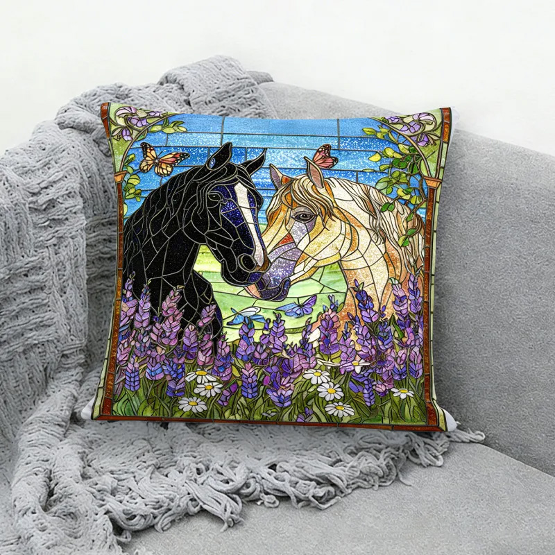 Personalized Sequin Cushion Throw Pillow Cover Stained Glass Horse Throw Pillow for Horse Owner Lover Riding Lovers Equestrian Lovers