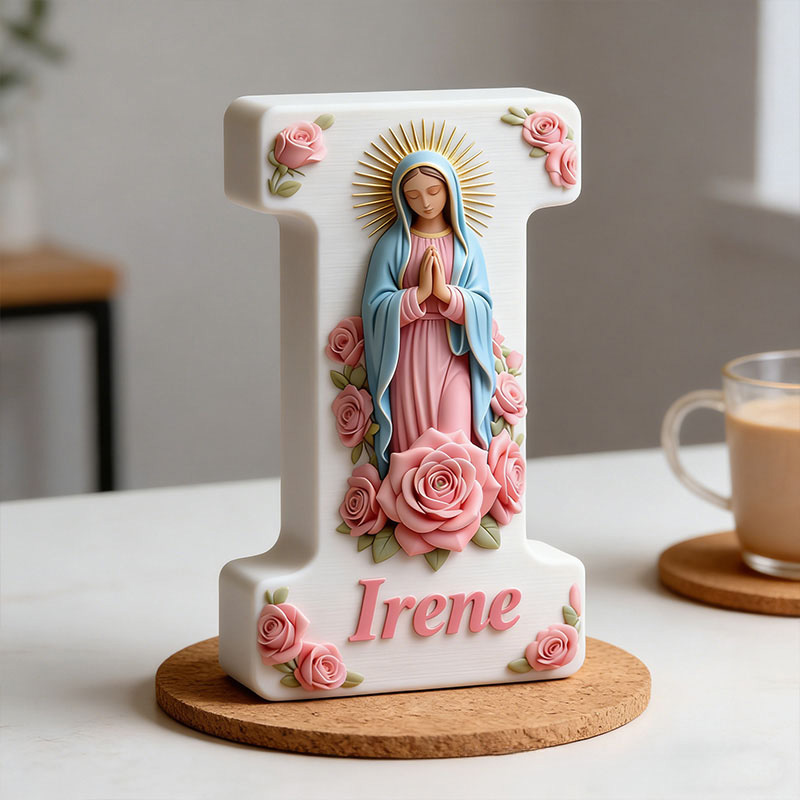 Personalized 3D Printed Virgin of Guadalupe Letter Ornaments with Custom Name Religious Home Decor Catholic Gift for Her Pink Rose Prayer Corner Gift
