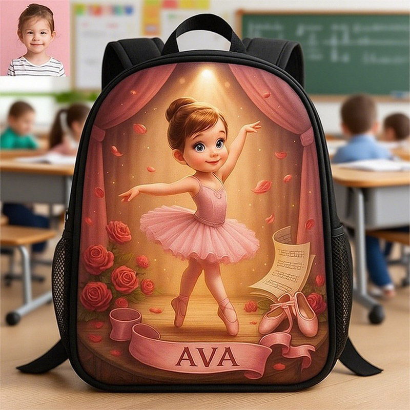Personalized Ballet Girl Cartoon Backpack Custom Photo and Name for Kids and Ballet Lovers Birthday Black to School Christmas Gift