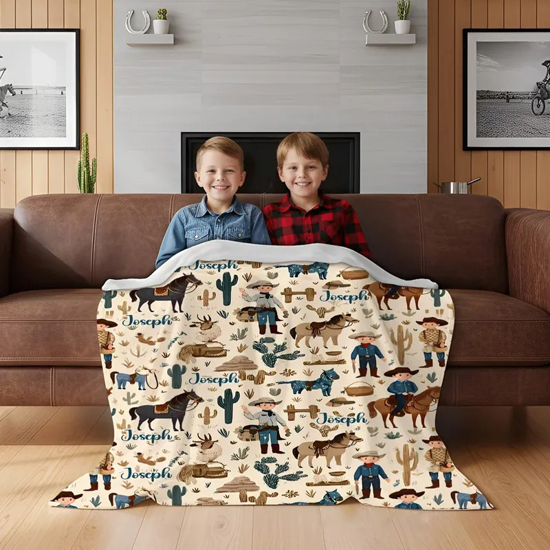 Personalized Western Cowboy Cow Horse Soft Throw Blanket with Name Home Decor Birthday Anniversary Gift for Cowboy Country Lover Riding Lovers Equestrian Lovers