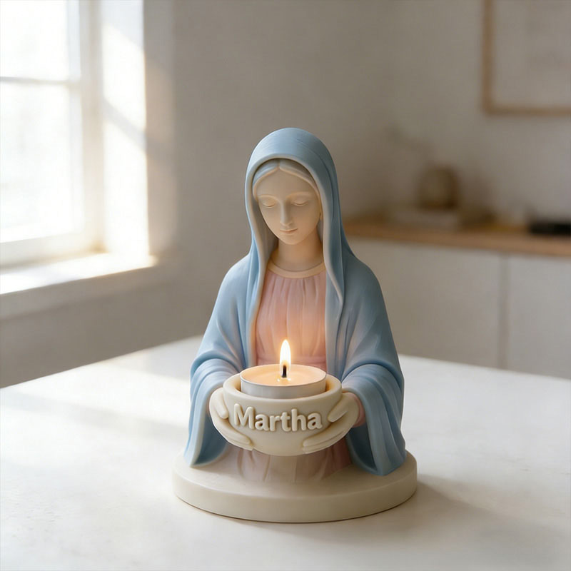 Personalized 3D Printable Virgin Mary Tealight Candle Holder with Custom Name Catholic Home Decor Prayer Space Lady Guadalupe Stand Spiritual Gift