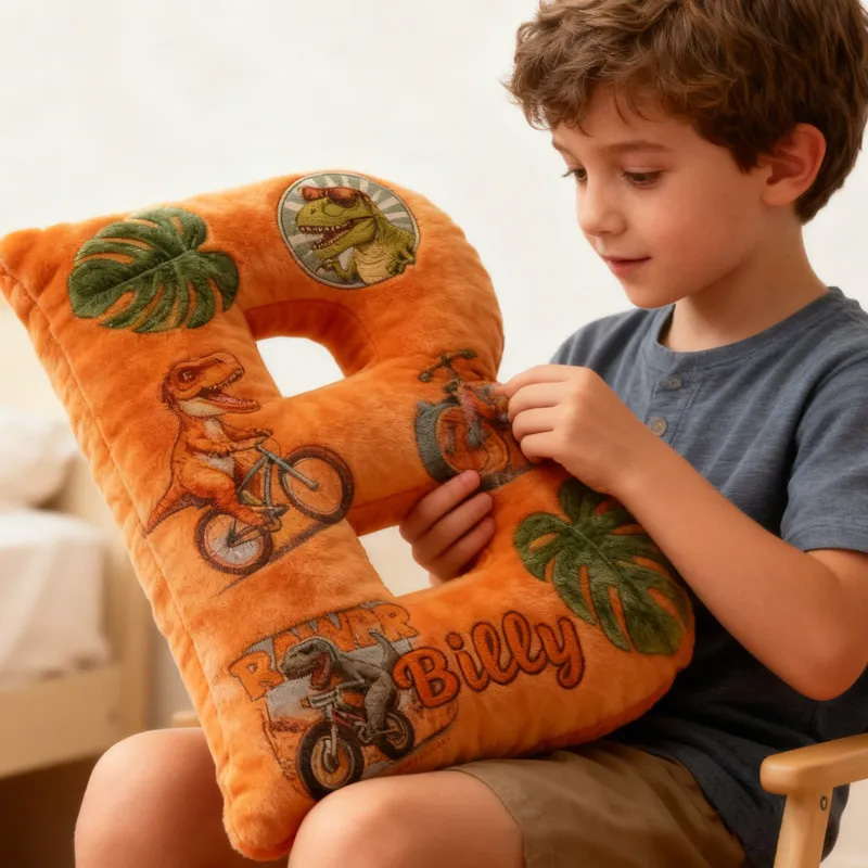 Personalized Dinosaur Dino Bike Letter Pillow Cozy Graphic 3D Print Bow Letter Pillow Name Pillow Comfortable Travel Cushion for Kids Riding Lovers