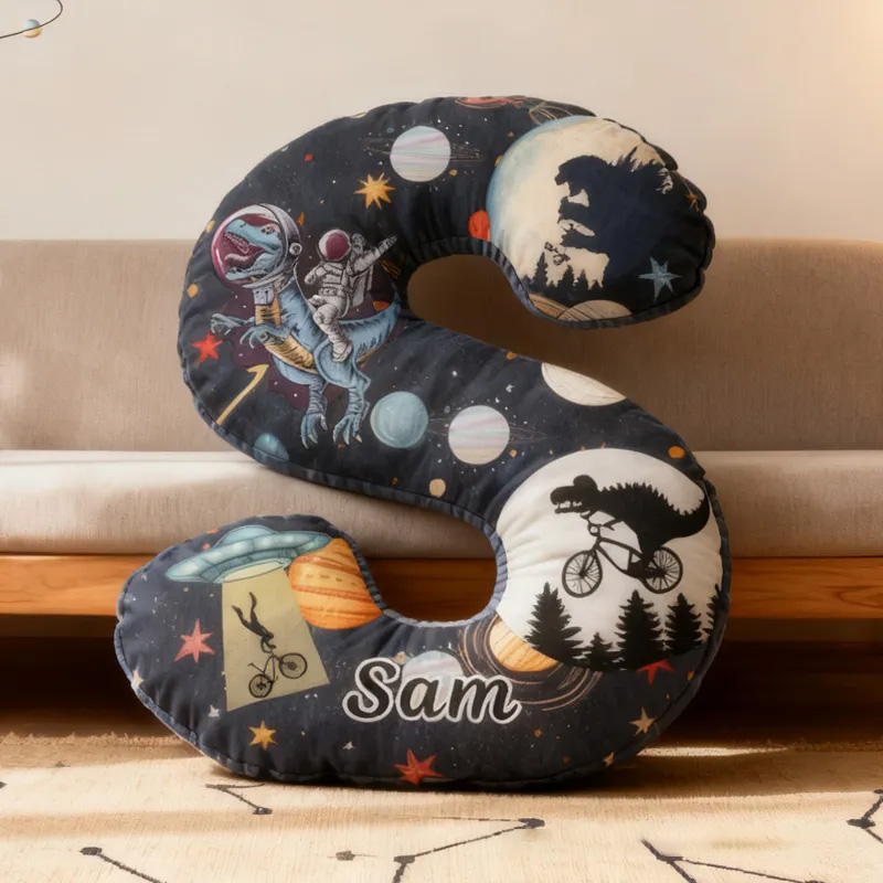 Personalized Dinosaur Space Bike Letter Pillow Graphic 3D Print Dino Galaxy Letter Pillow Name Pillow Comfortable Travel Cushion for Kids Riding Lovers