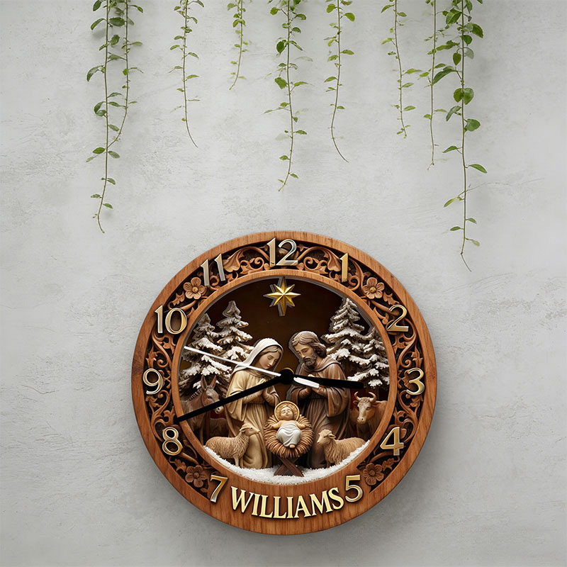 Personalized Nativity Scene Wall Clock with Custom Family Name Graphic 3D Printed Wall Clock Home Decor Christian Christmas Gift Faith Based Gift