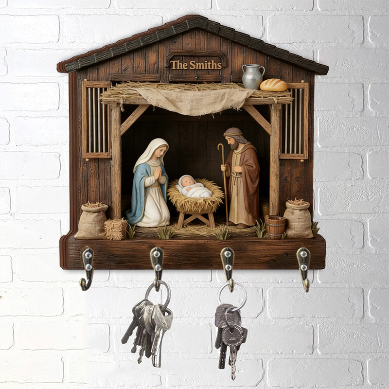 Personalized Nativity Scene Key Holder with Family Name Custom Shaped Graphic 3D Printed Key Hanger Religious Gift for Christian Family