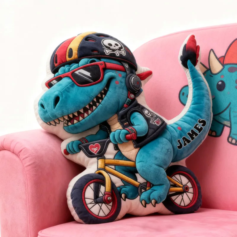 Personalized Dino Rider Bike Pillow Cozy Graphic 3D Print Cool Skull Racing Biker Dino Pillow Name Pillow Comfortable Travel Cushion for Kids Boys Riding Lovers