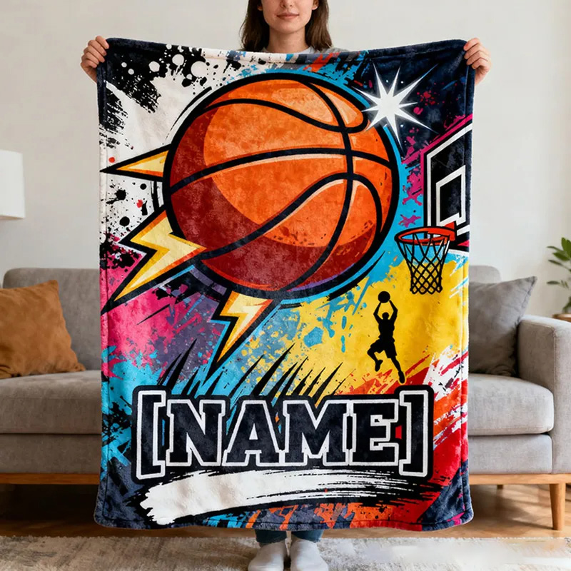 Personalized Basketball Blanket with Custom Name and Vibrant Design for Basketball Lover
