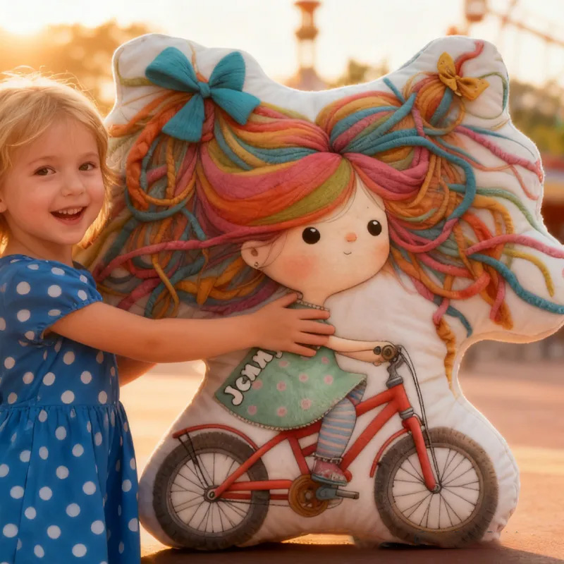 Personalized Quirky Girl Bike Pillow Rainbow Hair Cozy Graphic 3D Print Dreaming Princess Pillow Whimsical Girl Name Pillow Comfortable Travel Cushion for Kids Girls Riding Lovers