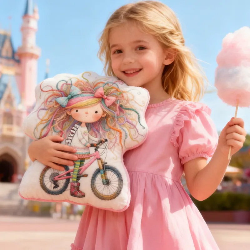Personalized Quirky Girl Bike Pillow Rainbow Hair Cozy Graphic 3D Print Dreaming Princess Pillow Whimsical Girl Name Pillow Comfortable Travel Cushion for Kids Girls Riding Lovers