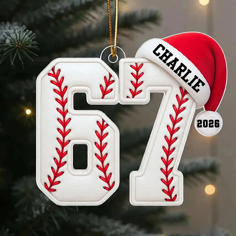 Personalized Name 67 Sport Acrylic Christmas Ornament, Soccer Baseball Volleyball Basketball Ornament, Six Seven Ornament Gen Alpha Humor 67 Meme Ornament