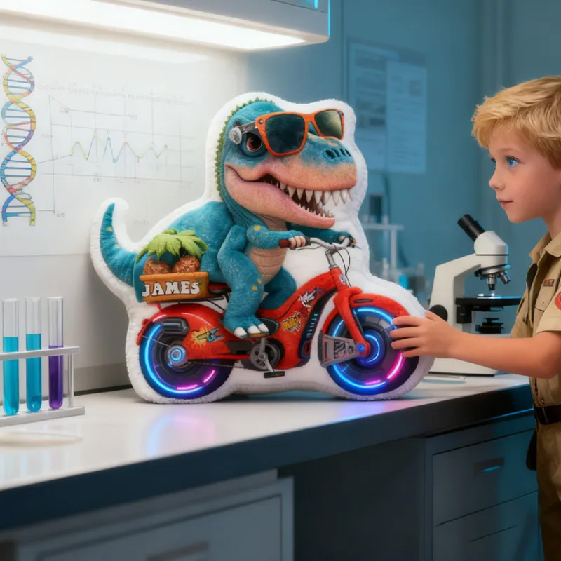 Personalized Dino Rider Bike Pillow Cozy Graphic 3D Print Cool Racing Biker Dino Pillow Name Pillow Comfortable Travel Cushion for Kids Boys Riding Lovers