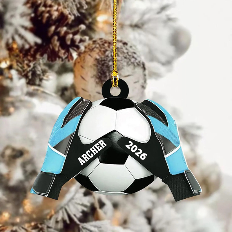 Personalized Acrylic Soccer Ball Christmas Ornament with Custom Name, Year, and Goalkeeper Gloves Design