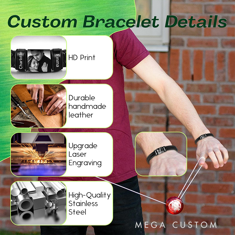 Personalized Leather Bracelets Custom Bracelet for men Engraving Bracelet with Name Photo Father's Day gift for Men Bracelets Valentine's Day Gift for Boyfriend