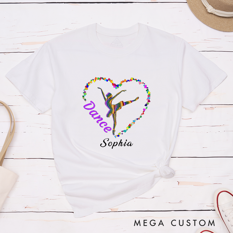 Personalized Dance Ballet Dancer Shirts Custom Name Rainbow Heart Classic T-Shirts Unique Gift for Dancers Teens Dance Lover Birthday Present