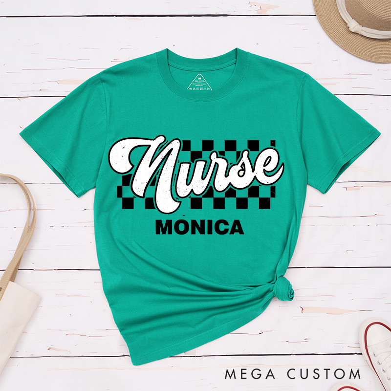 Personalized Nurse T-Shirts Checkered Care Nurse in Style Fashion Design T-Shirts