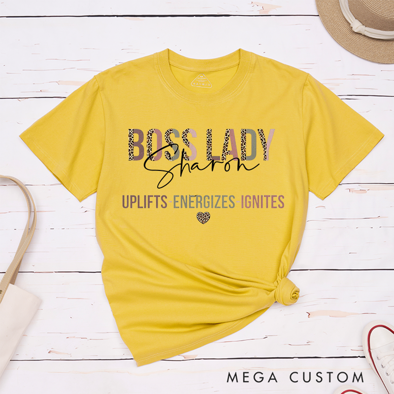Personalized Leopard Print Retro Boss Lady T-Shirt She Uplifts Energizes Ignites Inspirational Design