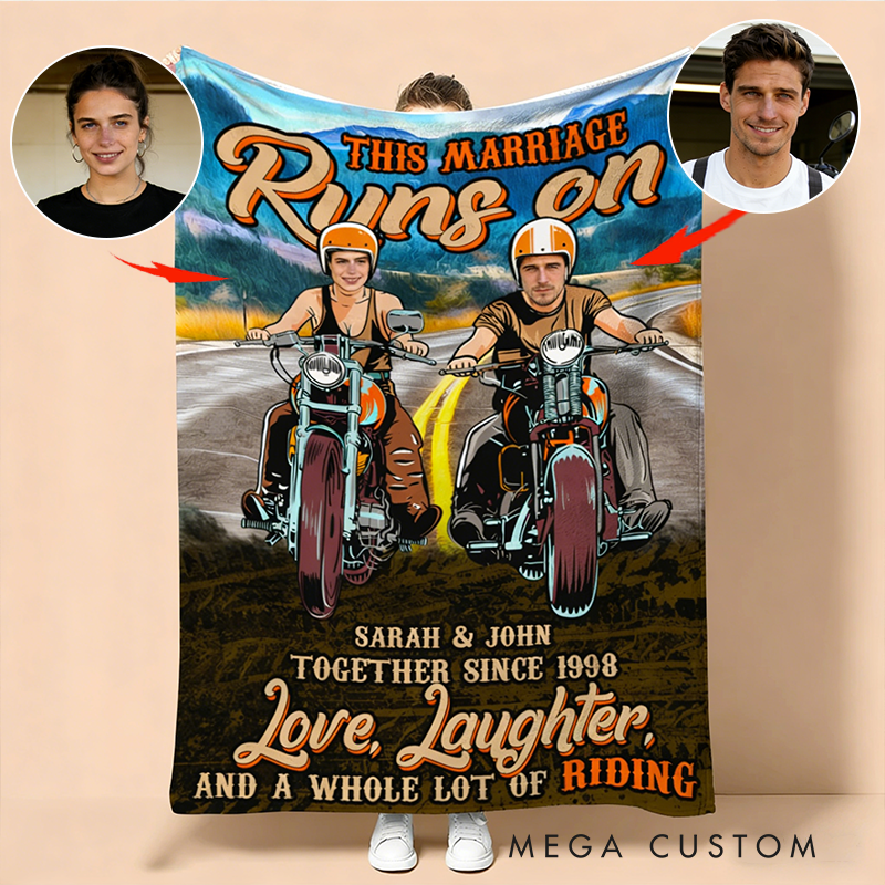 Personalized Biker Couple Blanket This Marriage Runs on Love Laughter and a Whole Lot of Riding Blanket Gift for Motorcycle Lovers