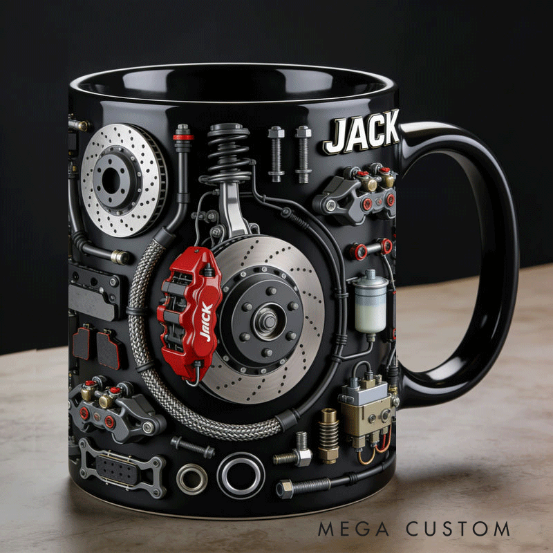 Personalized Car Brake Pad Disassembly 2D Flat Black Mug Custom Gift for Racers and Car Lovers