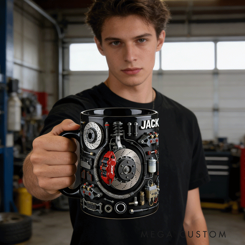Personalized Car Brake Pad Disassembly 2D Flat Black Mug Custom Gift for Racers and Car Lovers