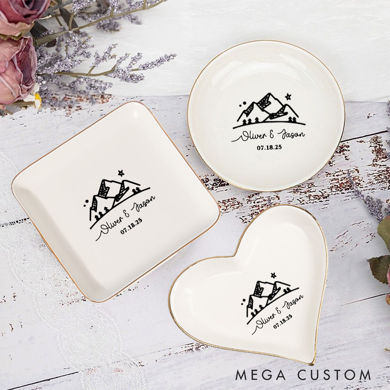Personalized Adventure-Inspired Mountain Under the Night Sky Wedding Engagement Gold-Trimmed Ring Dishes