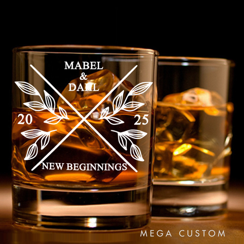 Personalized New Beginnings His and Hers Whiskey Tumblers Custom Engraved Whiskey Glass Wedding Housewarming Gift Moving House Gift for Homeowner