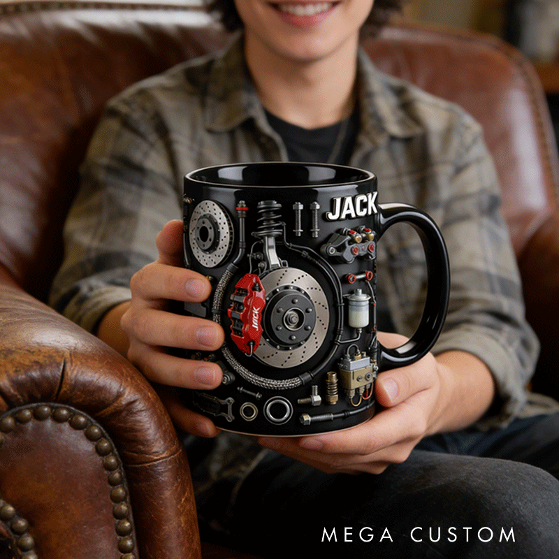 Personalized Car Brake Pad Disassembly 2D Flat Black Mug Custom Gift for Racers and Car Lovers