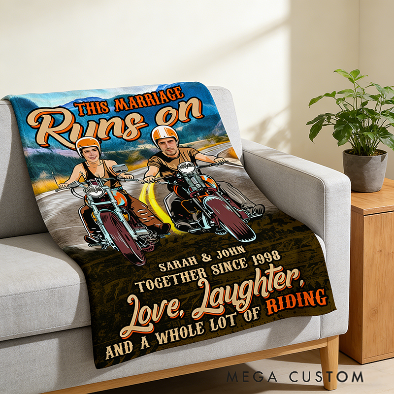 Personalized Biker Couple Blanket This Marriage Runs on Love Laughter and a Whole Lot of Riding Blanket Gift for Motorcycle Lovers