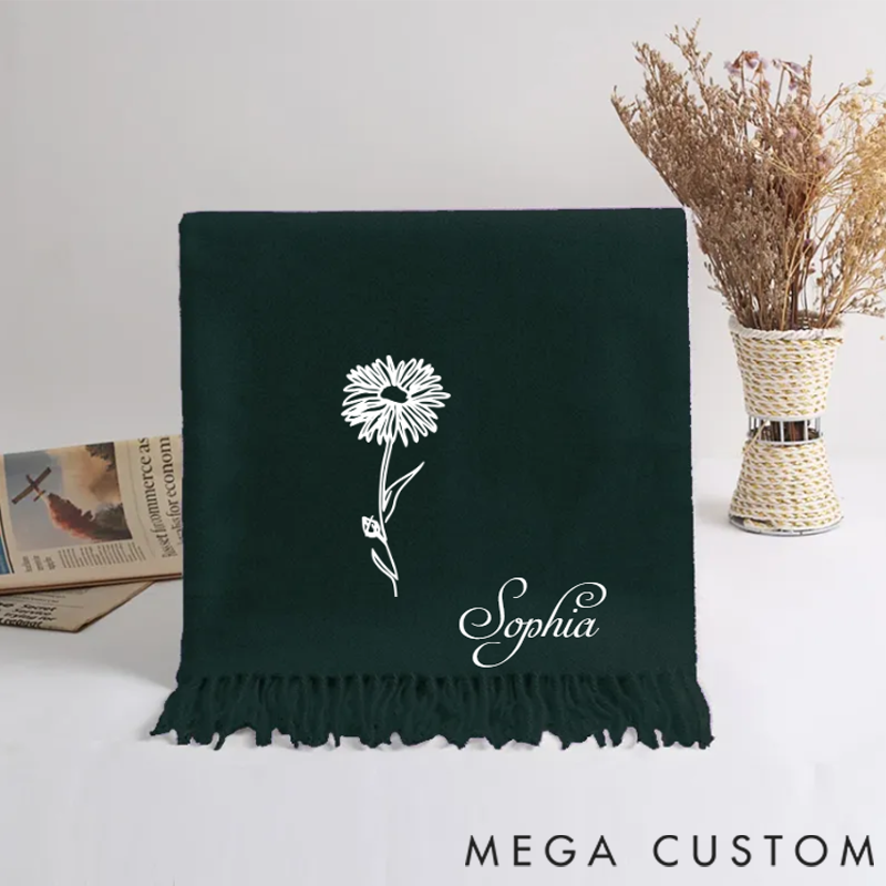 Personalized Super Soft Warm Scarf with Embroidered Birth Flower and Text Fashion Accessory Birthday Christmas Gift for Couple Family