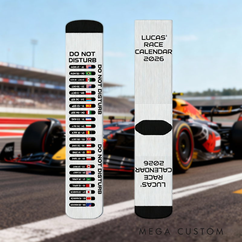 Personalized Racing Calendar 2026 Socks with Custom Name Design Gift for Racers and Racing Lovers