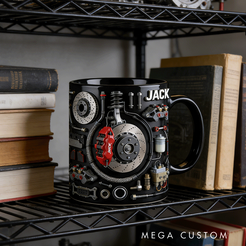 Personalized Car Brake Pad Disassembly 2D Flat Black Mug Custom Gift for Racers and Car Lovers