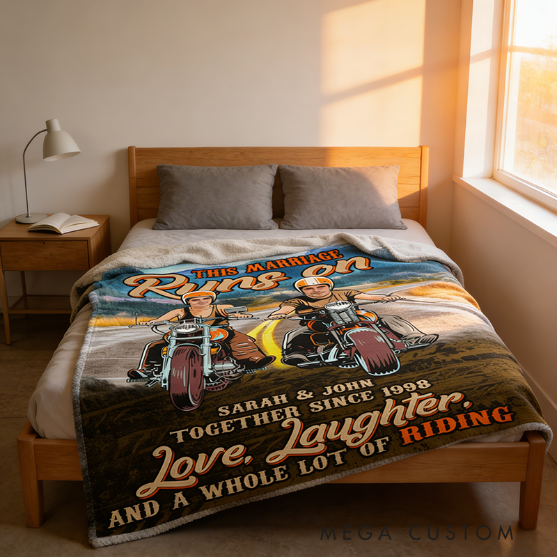Personalized Biker Couple Blanket This Marriage Runs on Love Laughter and a Whole Lot of Riding Blanket Gift for Motorcycle Lovers