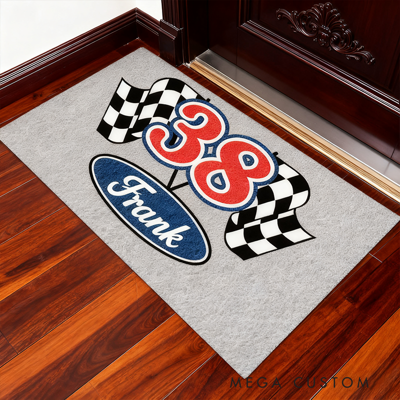 Personalized Checkered Flag Door Mat Custom Name and Number Welcome Mat for Racer and Racing Lovers