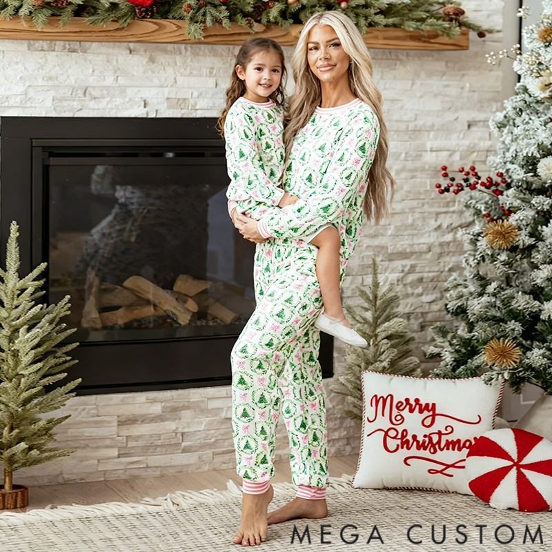 Personalized Christmas Trees and Bows Pajama Set for Mom and Daughter