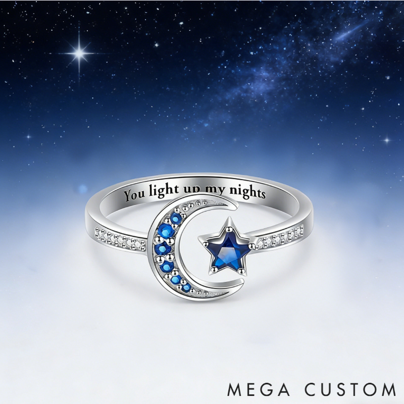 Personalized Moon and Star Birthstone Ring with Custom Engraving, Elegant Sterling Silver Jewelry for Meaningful Romantic Gifts