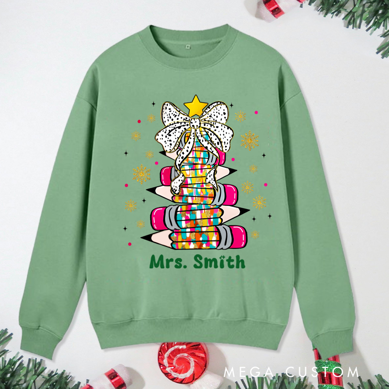 Personalized Teacher Christmas Sweatshirt Star Bow Pencil Sweatshirt Perfect Christmas Gift for Teachers