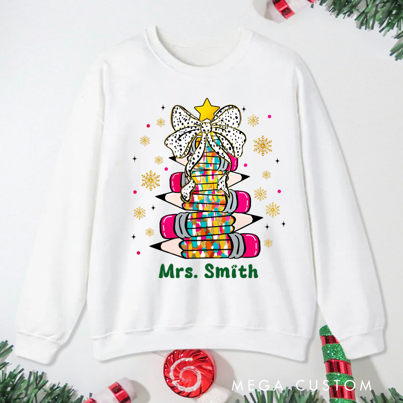 Personalized Teacher Christmas Sweatshirt Star Bow Pencil Sweatshirt Perfect Christmas Gift for Teachers