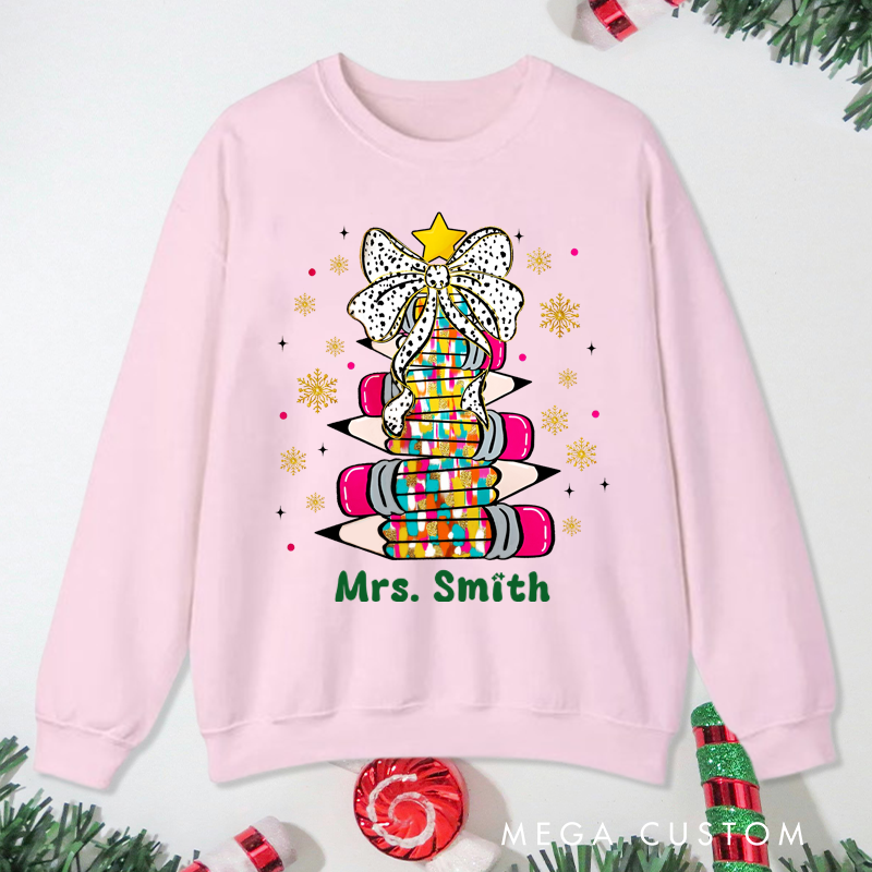 Personalized Teacher Christmas Sweatshirt Star Bow Pencil Sweatshirt Perfect Christmas Gift for Teachers