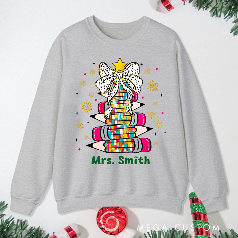 Personalized Teacher Christmas Sweatshirt Star Bow Pencil Sweatshirt Perfect Christmas Gift for Teachers