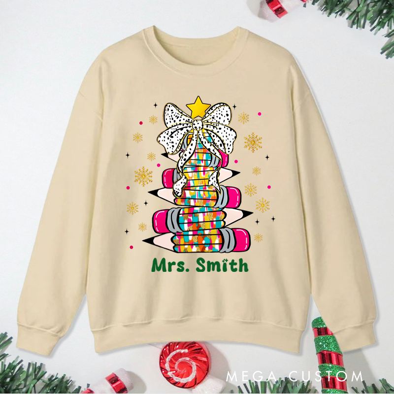 Personalized Teacher Christmas Sweatshirt Star Bow Pencil Sweatshirt Perfect Christmas Gift for Teachers