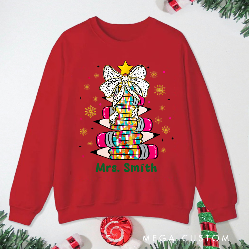 Personalized Teacher Christmas Sweatshirt Star Bow Pencil Sweatshirt Perfect Christmas Gift for Teachers