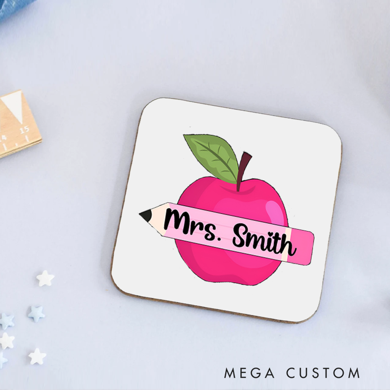 Personalized Coasters for Teachers Pink Apple Appreciation Gift for Teachers
