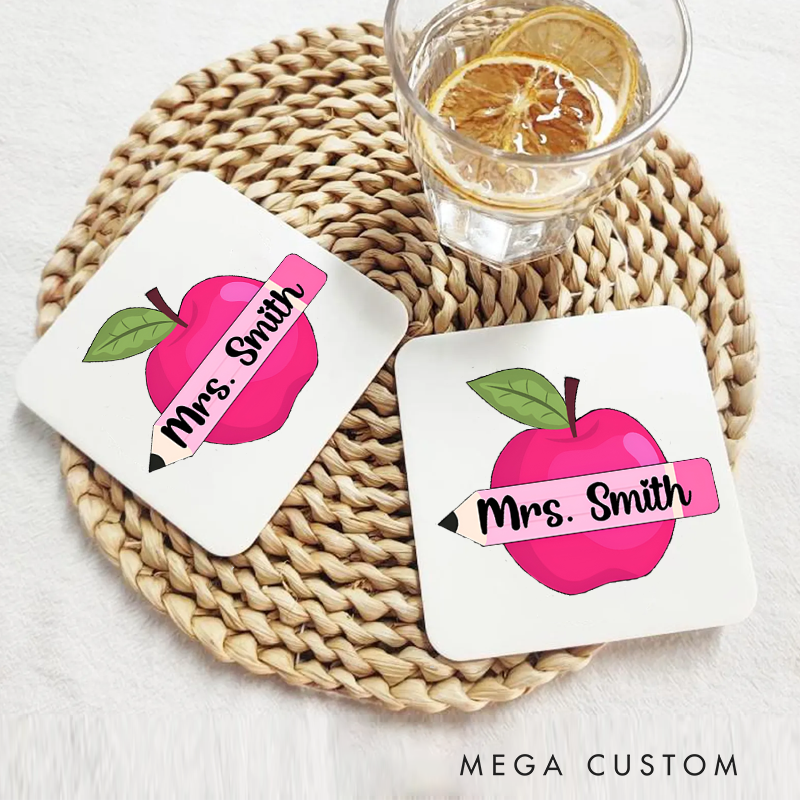Personalized Coasters for Teachers Pink Apple Appreciation Gift for Teachers