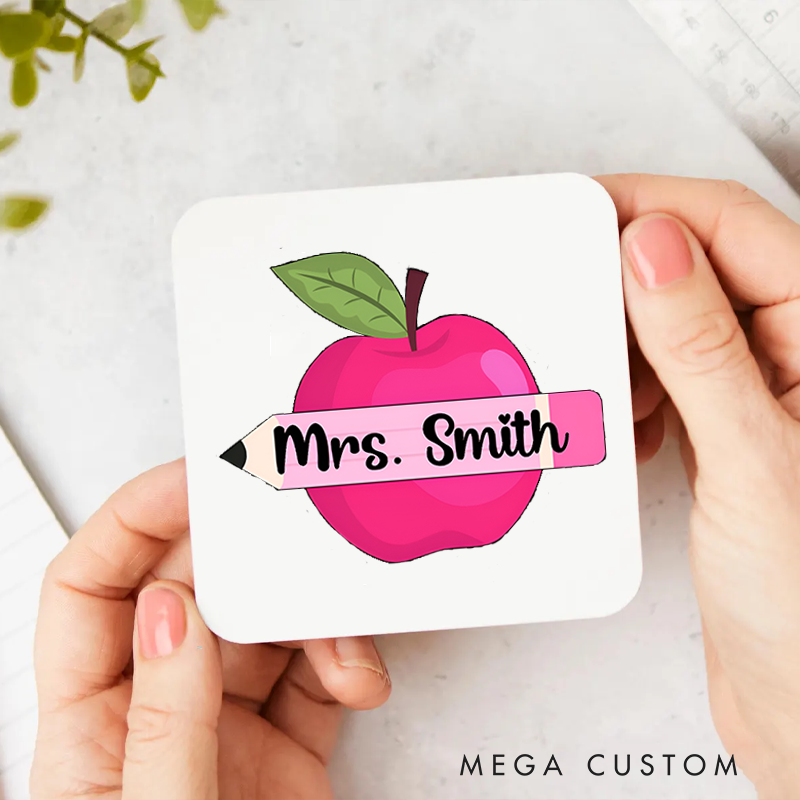 Personalized Coasters for Teachers Pink Apple Appreciation Gift for Teachers