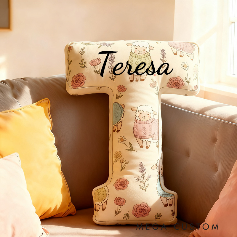 Personalized Funny Pillow Christmas Floral Sheep Yarn Graphic Print Letter Customized Name Gift for Kids
