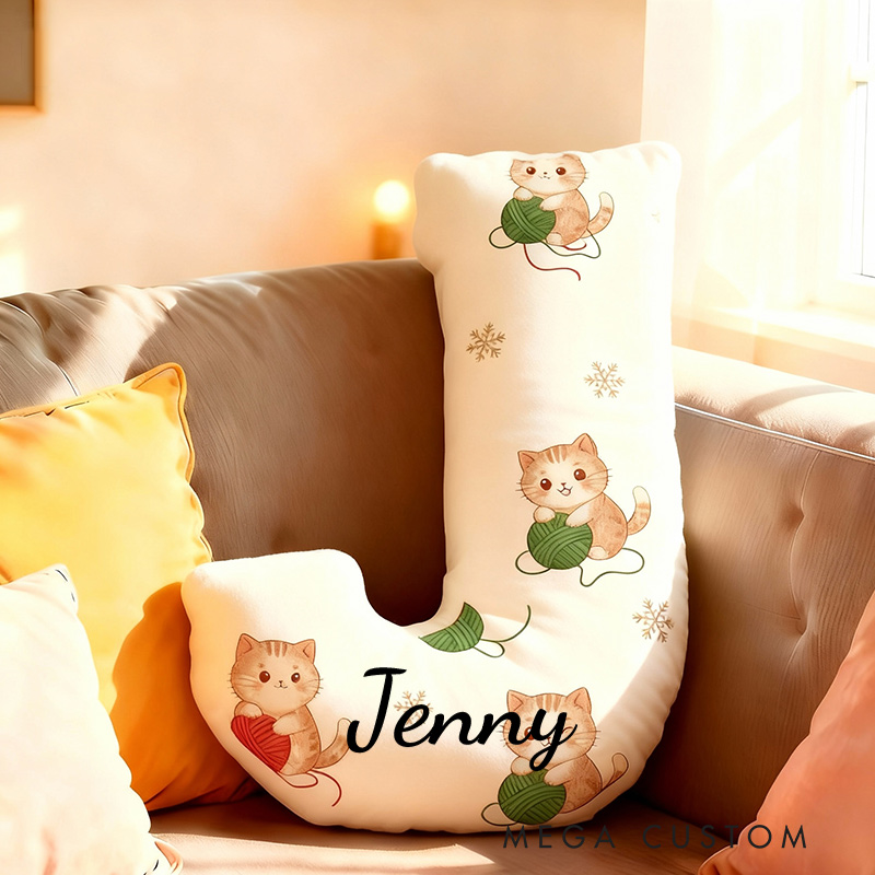 Personalized Funny Pillow Christmas Cat Yarn Ball Graphic Print Letter Customized Name Gift for Kids