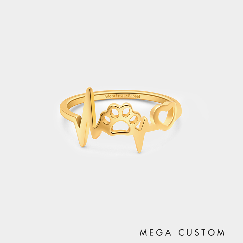 Personalized Custom Engraved Paw Print Heartbeat Ring 925 Sterling Silver or Gold Plated Personalized Inside Text Animal Jewelry Gift for Pet Lover 925 Sterling Silver