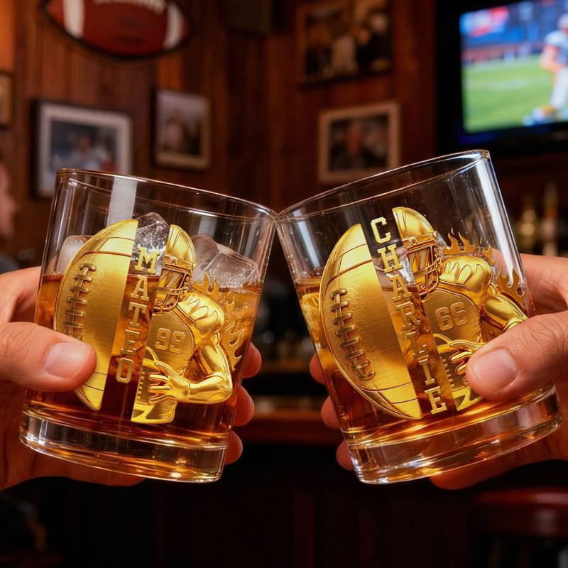 Personalized Golden Football Player Whiskey Glass with Name and Number Birthday Father's Day Gift for Man Bartender Whiskey Enthusiast