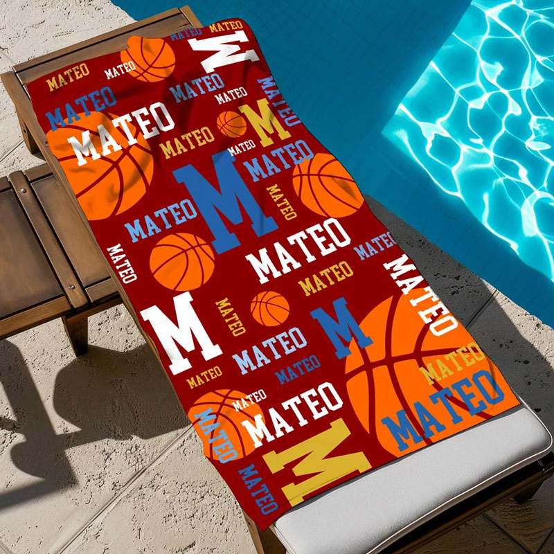 Personalized Basketball Design Quick Dry Oversized Microfiber Beach Towel with Name and Initial Beach Party Holiday Gift for Basketball Lovers